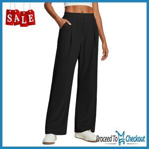 Wide Leg Pull-On Pants High Waisted Stretchy Work Trousers with Pockets